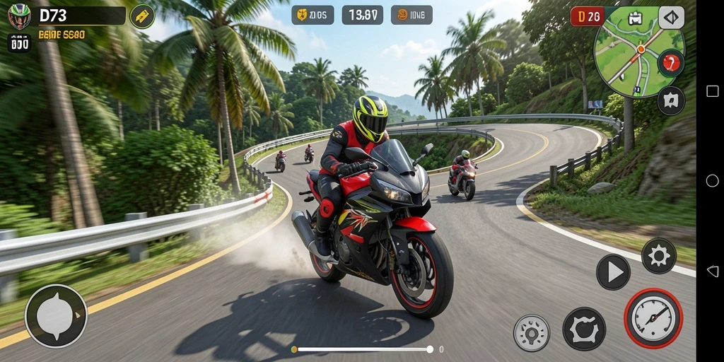 Screenshot D73 menunjukkan aksi balapan motor yang mendebarkan.