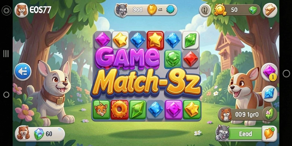 Screenshot menampilkan gameplay Match-3 yang seru dan berwarna-warni.