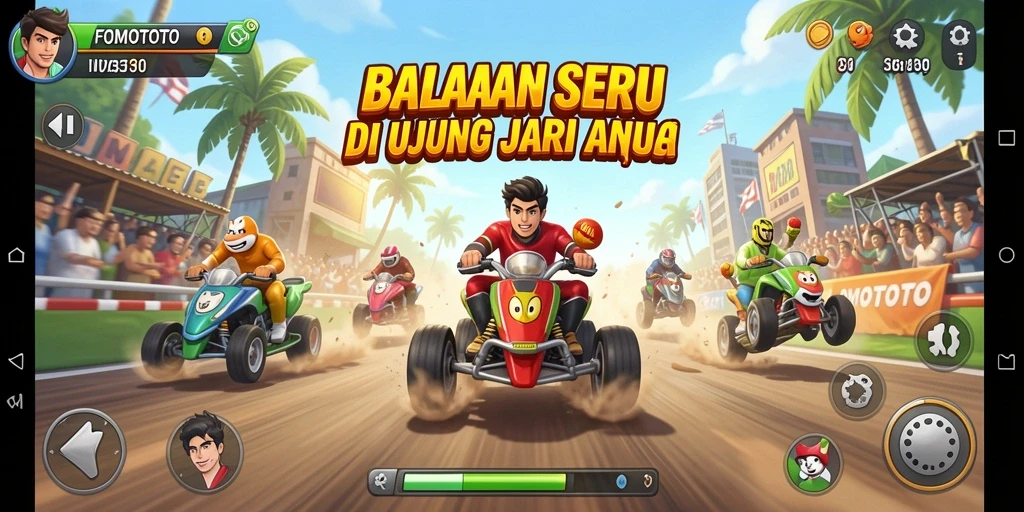 Screenshot gameplay FOMOTOTO yang menunjukkan balapan intens.